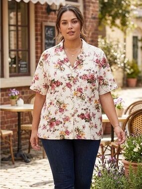 Lemon Grass Shirt Floral Short SLeeve Button-Up Size 18W